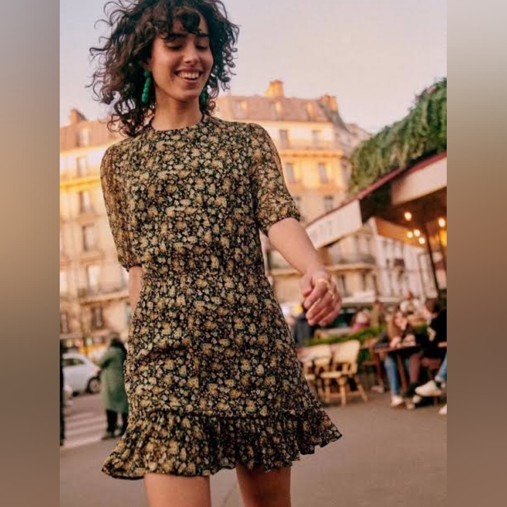 Sezane Margot Dress, Black Floral Pattern, US 8/FR 40